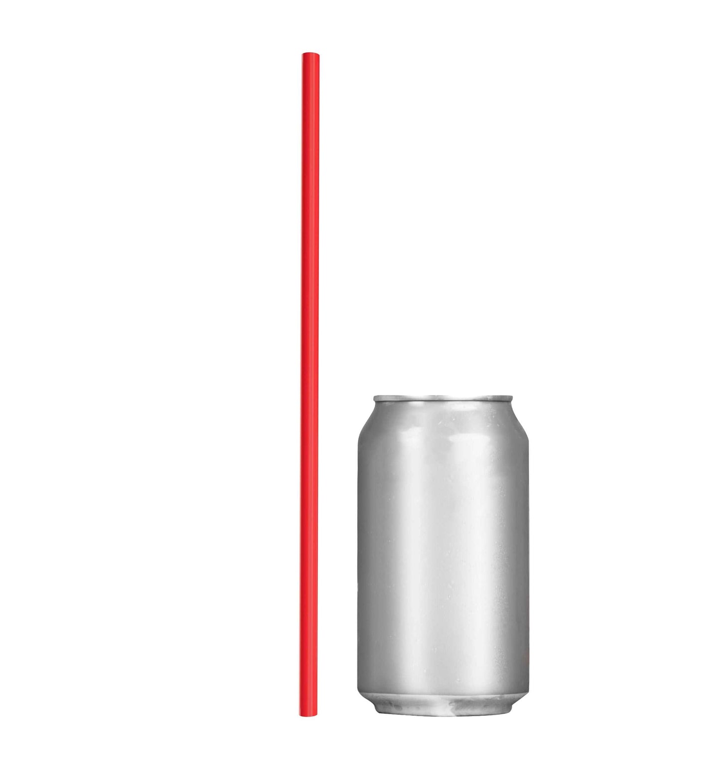 Red 10-inch unwrapped 32 oz tumbler to-go straw next to a silver can