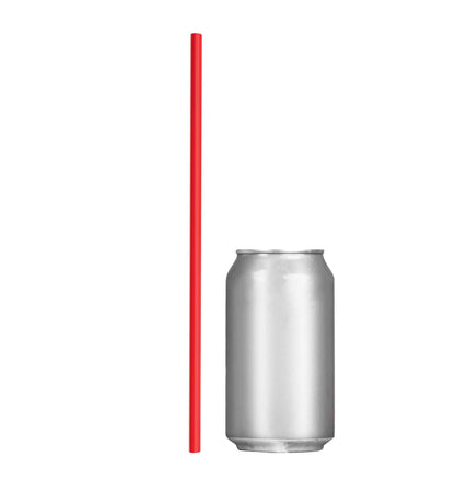 Red 10-inch unwrapped 32 oz tumbler to-go straw next to a silver can