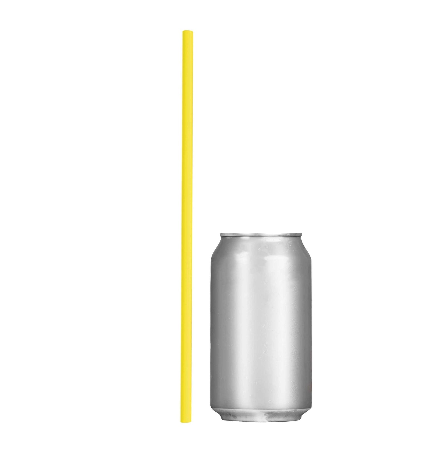 Yellow 10-inch 32 oz tumbler to-go straw next to a silver soda can for size comparison