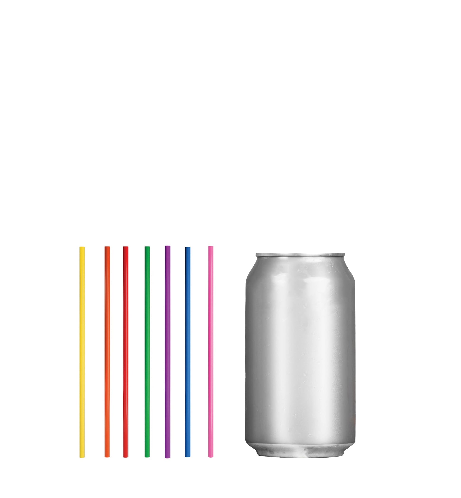 Colorful film wrapped stirrer straws next to a silver can for hygienic beverage stirring