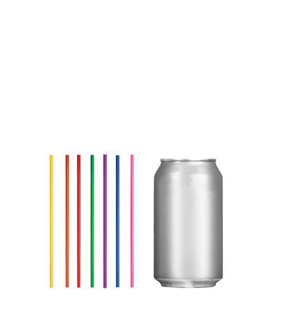 Colorful film wrapped stirrer straws next to a silver can for hygienic beverage stirring