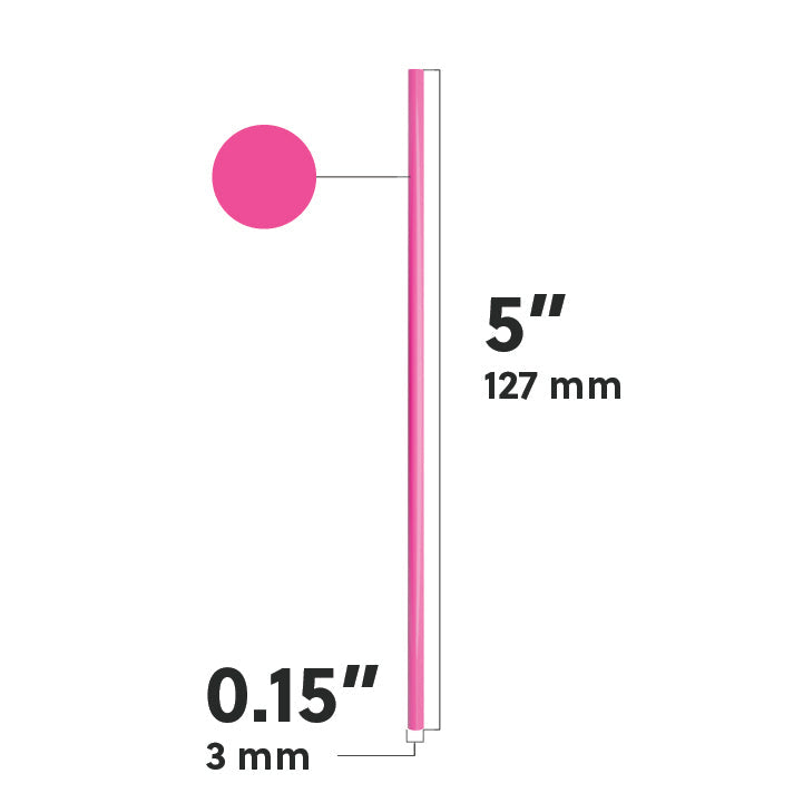 Pink film wrapped stirrer straw measuring 5 inches by 0.15 inches, hygienic and individually sealed for beverages.