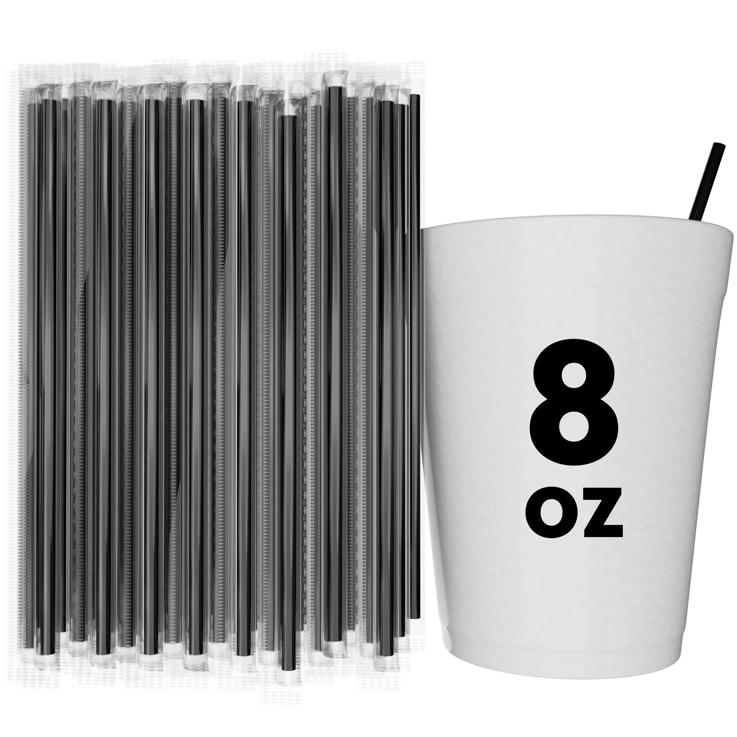 Film wrapped stirrer straws individually sealed for hygiene alongside 8 oz beverage cup with straw.