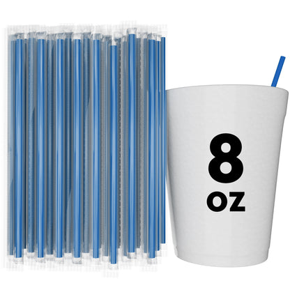 Blue film wrapped stirrer straws next to white 8 oz cup with straw inserted