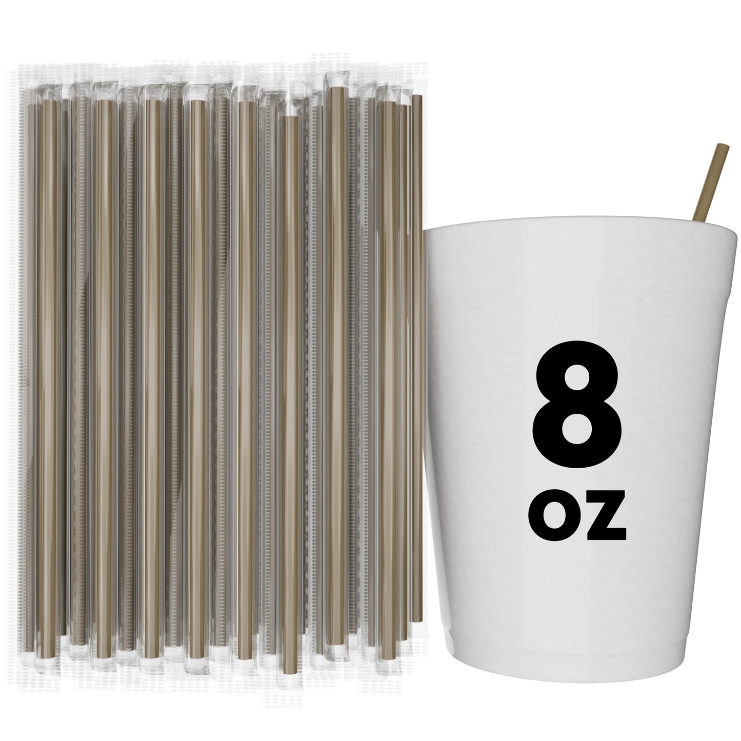 Film wrapped stirrer straws individually sealed for hygiene with 8 oz cup and brown straw