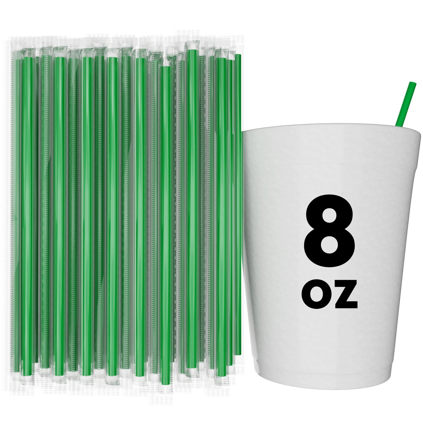 Green film wrapped stirrer straws next to 8 oz white cup for beverages