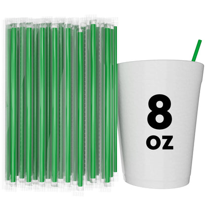 Green film wrapped stirrer straws next to 8 oz white cup for beverages