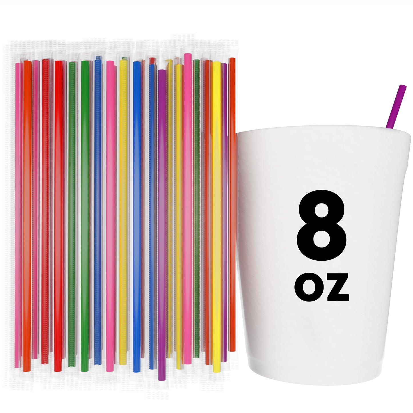 Colorful film wrapped stirrer straws next to white 8 oz cup with purple straw for hygienic beverage stirring