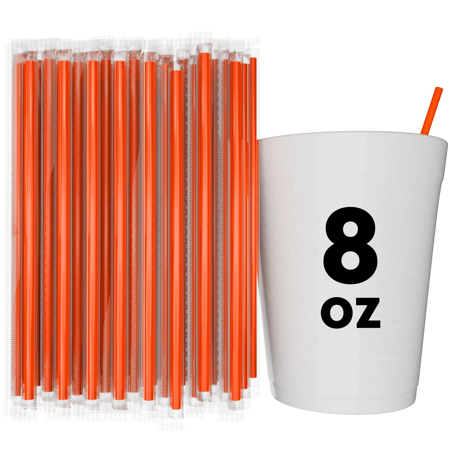 Film wrapped orange stirrer straws next to white 8 oz cup with orange straw