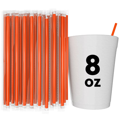 Film wrapped orange stirrer straws next to white 8 oz cup with orange straw