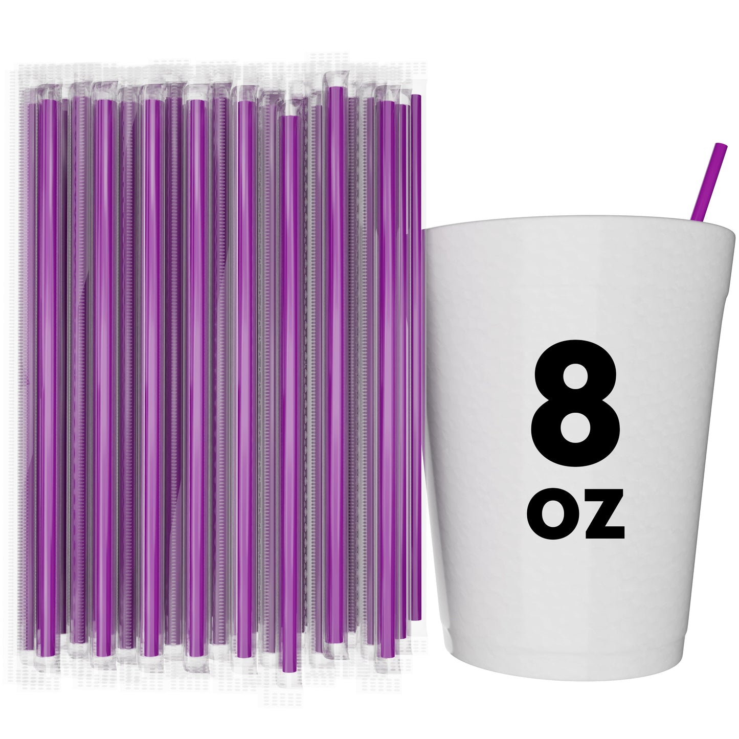 Purple film wrapped stirrer straws next to 8 oz white cup with straw