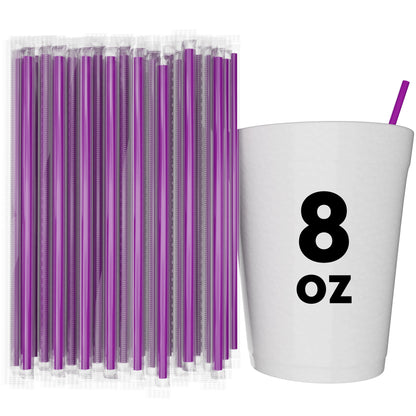 Purple film wrapped stirrer straws next to 8 oz white cup with straw