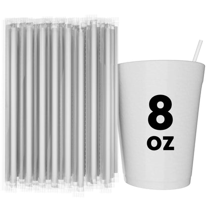 Pack of individually wrapped film wrapped stirrer straws next to an 8 oz cup with a straw