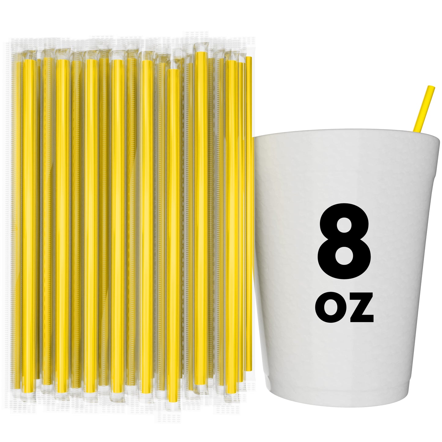 Yellow film wrapped stirrer straws next to white 8 oz cup with straw