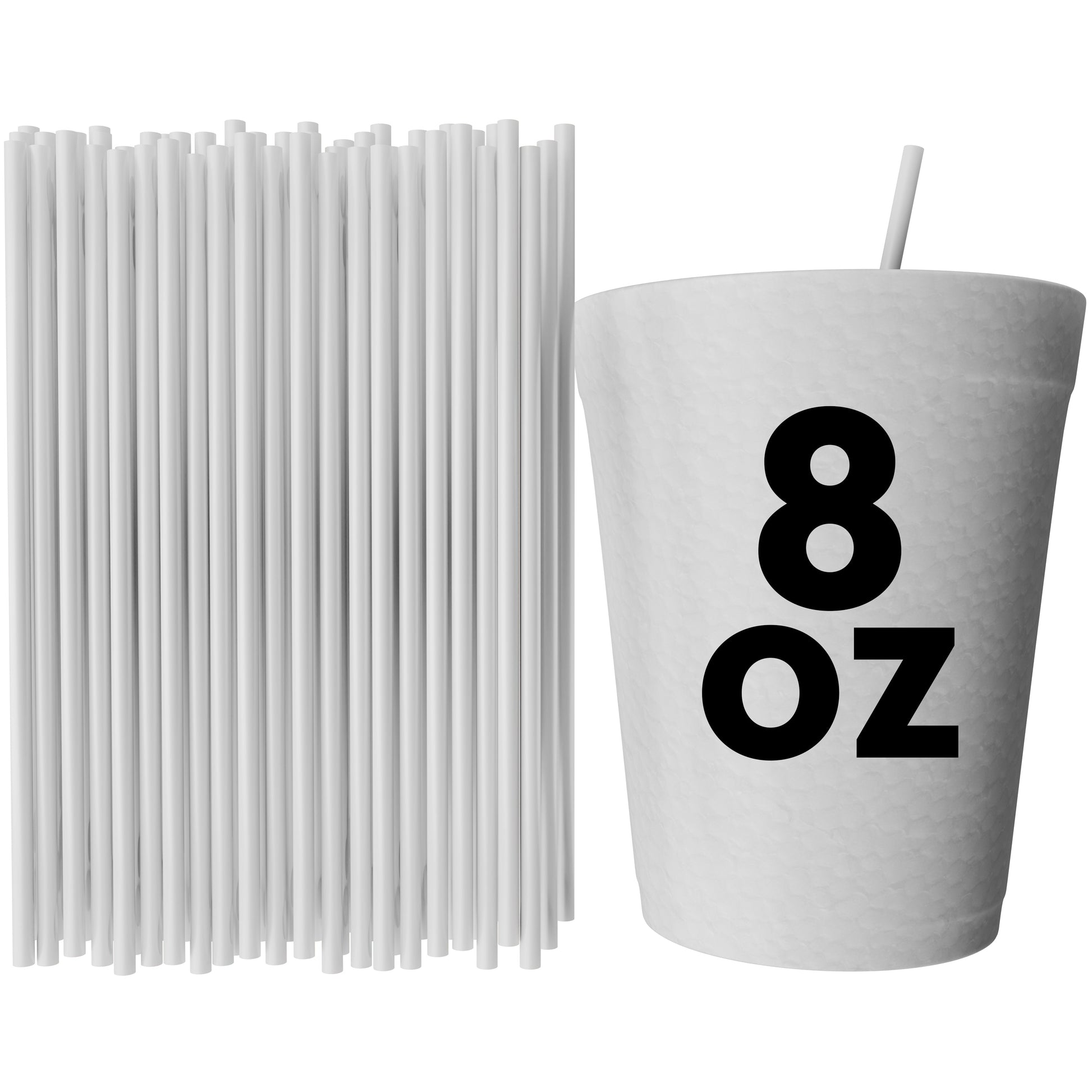 Unwrapped stirrer straws next to an 8 oz cup with a straw for beverage stirring