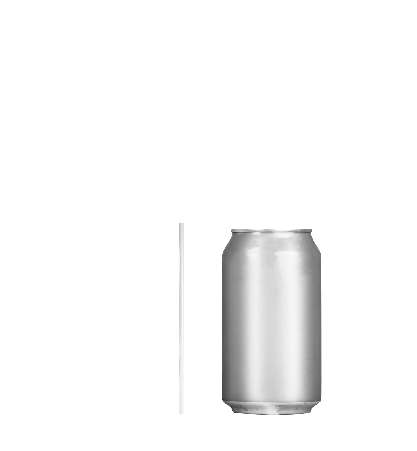 Film wrapped stirrer straw next to a silver beverage can on white background