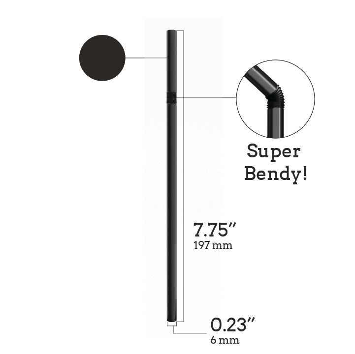 Black unwrapped plastic flexible straw 7.75 inches with super bendy neck for easy sipping
