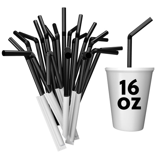 Paper wrapped plastic flexible straws with bendable necks, individually wrapped and shown in black with a 16 oz cup.