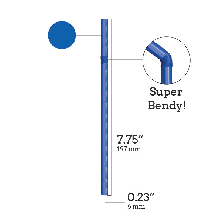 Unwrapped plastic flexible blue straw 7.75 inch super bendy design