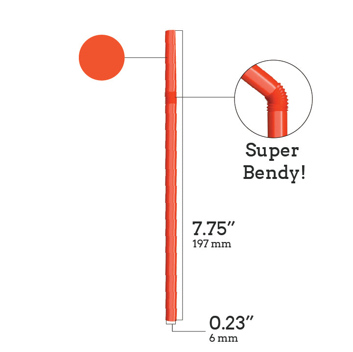 Unwrapped plastic flexible straw 7.75 inches long 0.23 inches diameter super bendy red color
