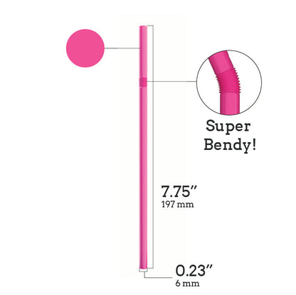 Unwrapped plastic flexible straw 7.75 inch pink with bendable neck super bendy