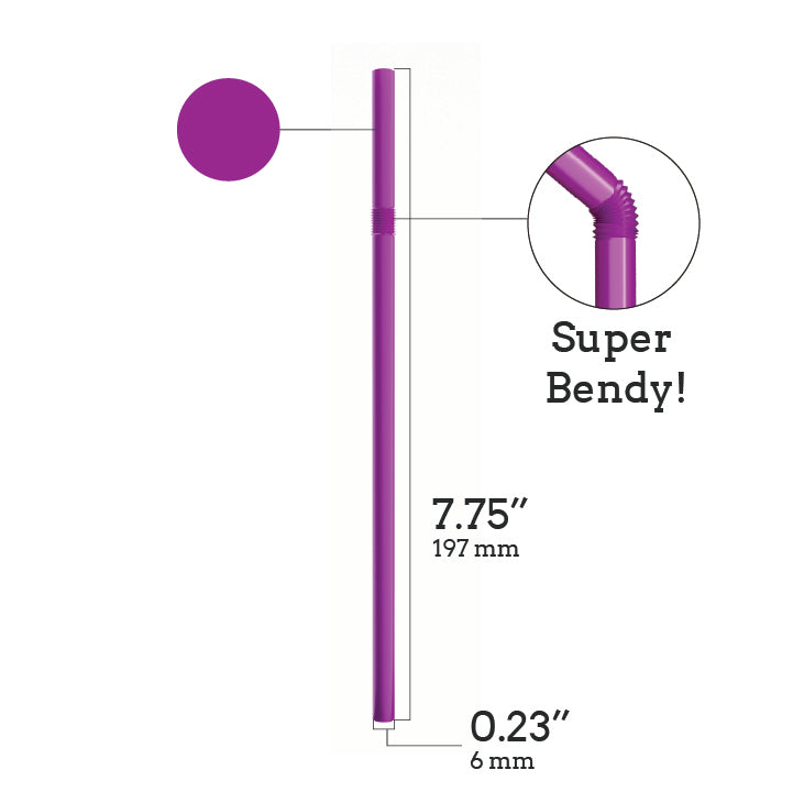 Purple unwrapped plastic flexible straw 7.75 inches with bendable neck for easy sipping