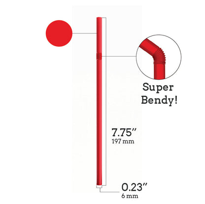 Unwrapped plastic flexible red straw 7.75 inch with super bendy neck for easy sipping
