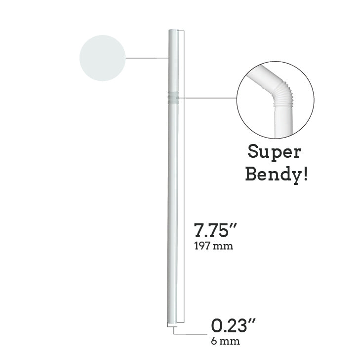 Unwrapped plastic flexible straw 7.75 inch super bendy white beverage straw