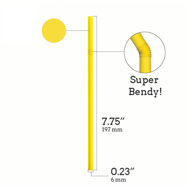 Yellow unwrapped plastic flexible straw 7.75 inches long with super bendy neck and 0.23 inch diameter