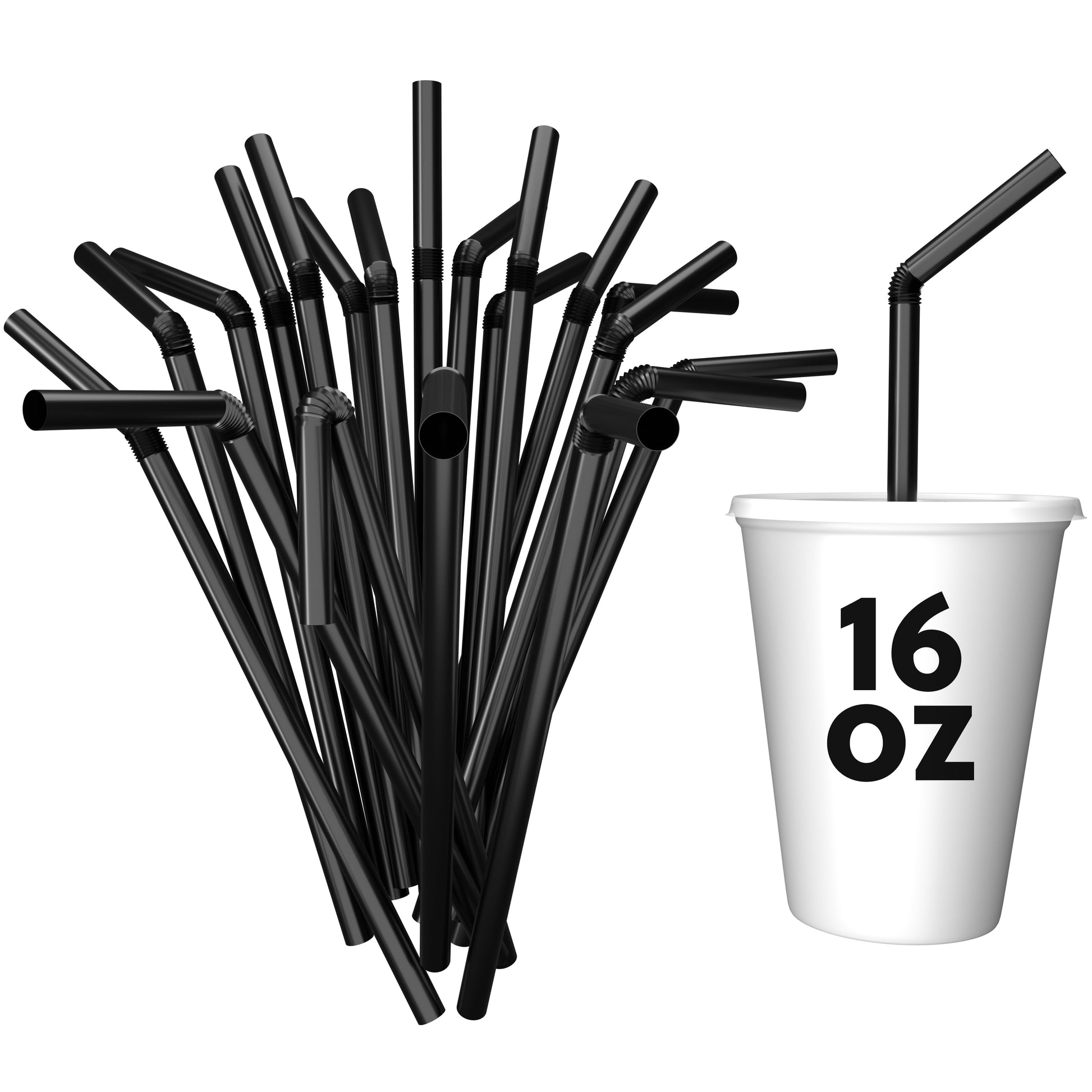 Black unwrapped plastic flexible straws with bendable necks next to a 16 oz white cup with lid and straw inserted