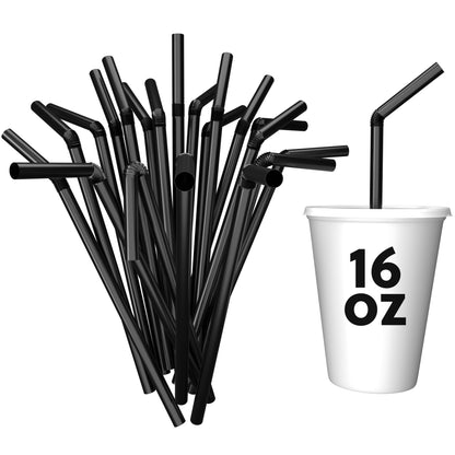 Black unwrapped plastic flexible straws with bendable necks next to a 16 oz white cup with lid and straw inserted