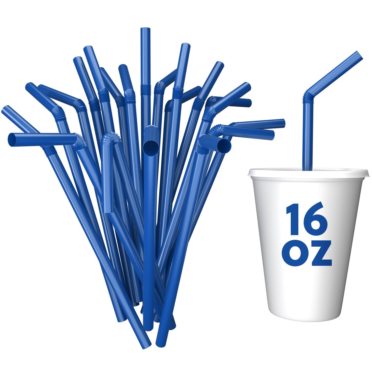 Unwrapped plastic flexible straws in blue with bendable necks next to a 16 oz cup