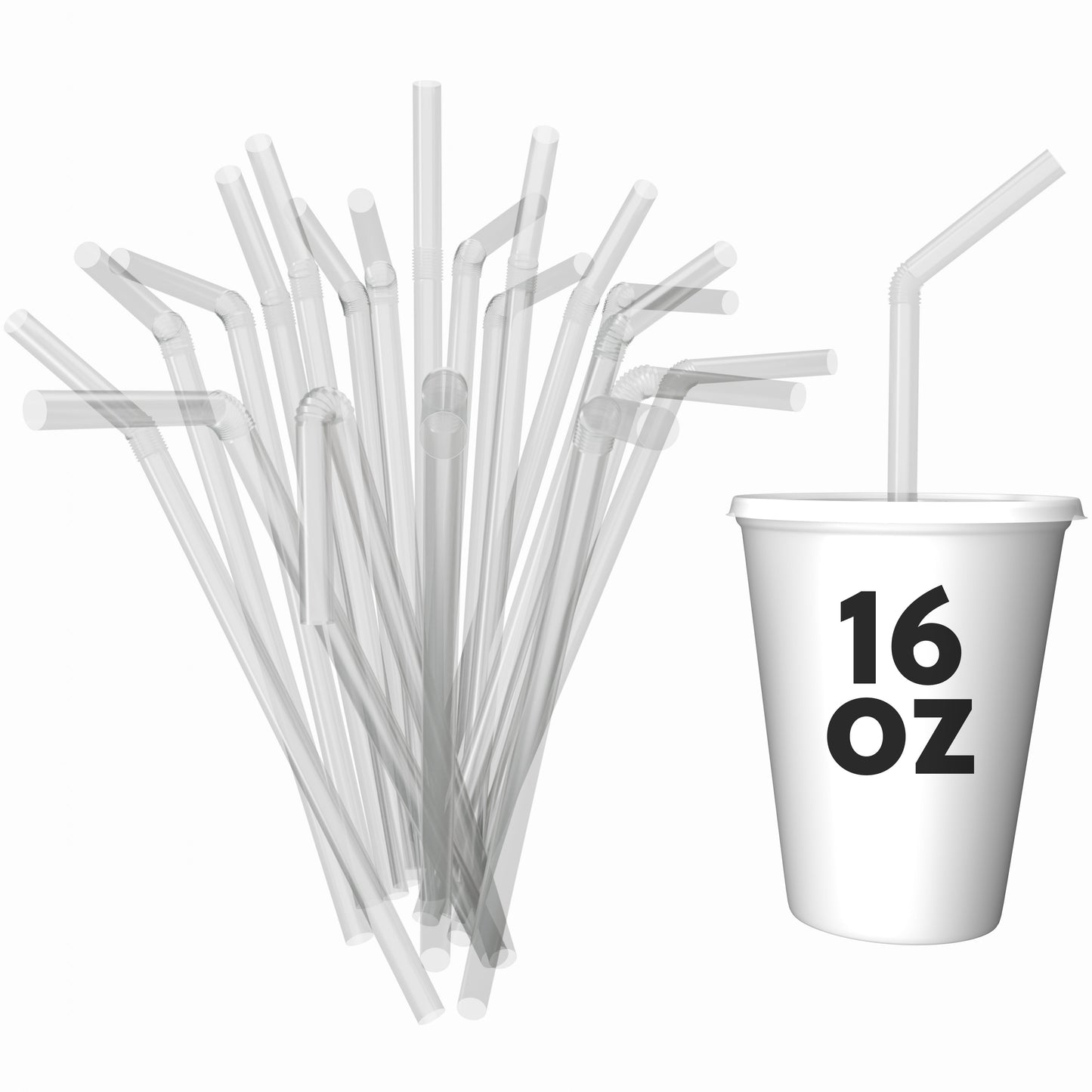 Unwrapped plastic flexible straws bending around 16 oz cup in clear color options