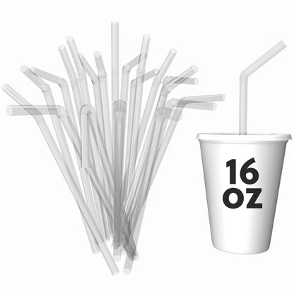 Unwrapped plastic flexible straws bending around 16 oz cup in clear color options
