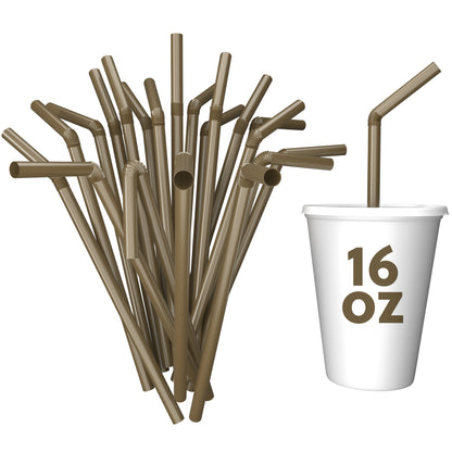 Unwrapped plastic flexible straws with bendable necks in brown color next to a 16 oz white cup