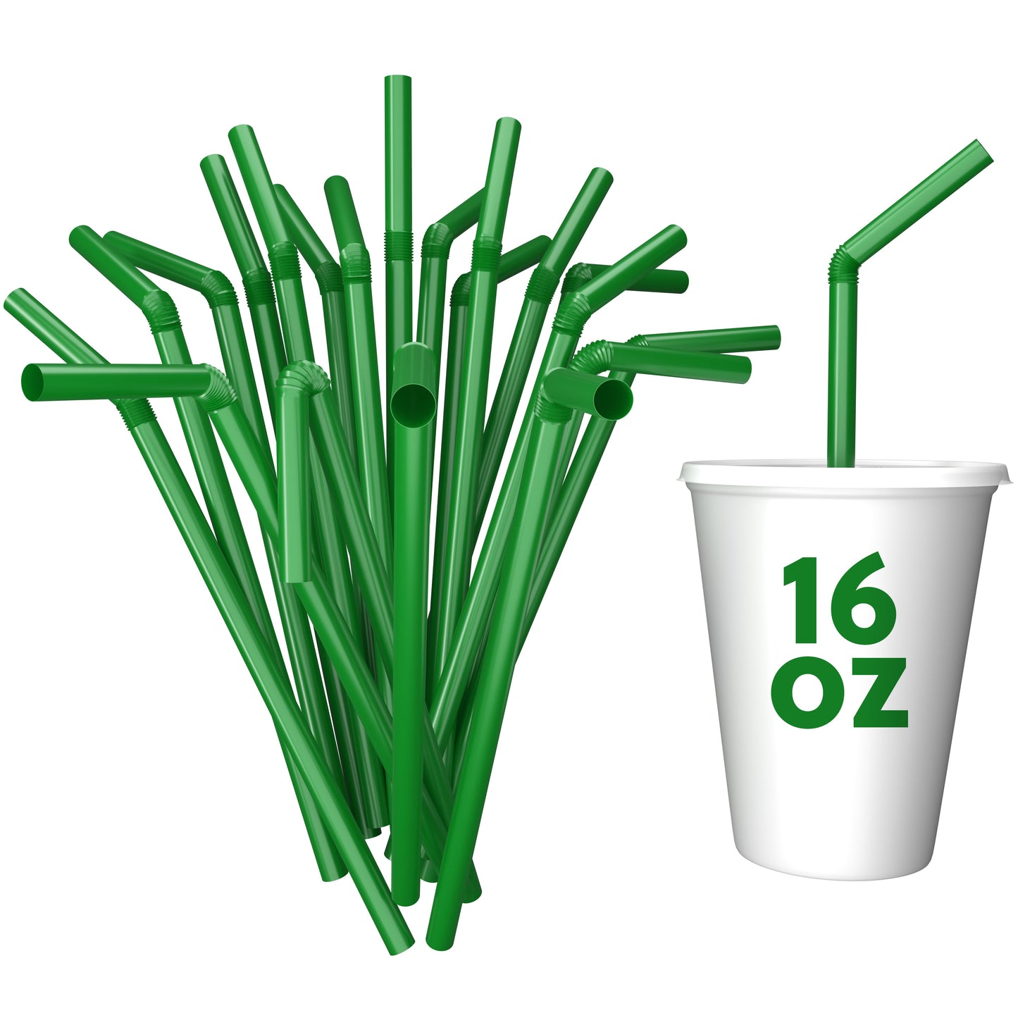 Green unwrapped plastic flexible straws with bendable necks next to a white 16 oz cup with a green straw