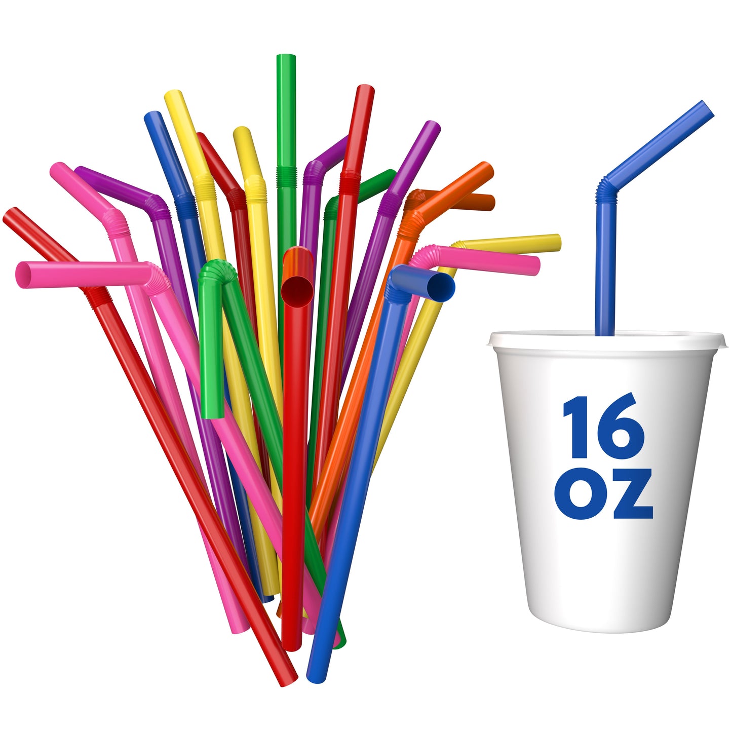 Unwrapped plastic flexible straws in assorted colors next to white 16 oz cup with blue flexible straw.