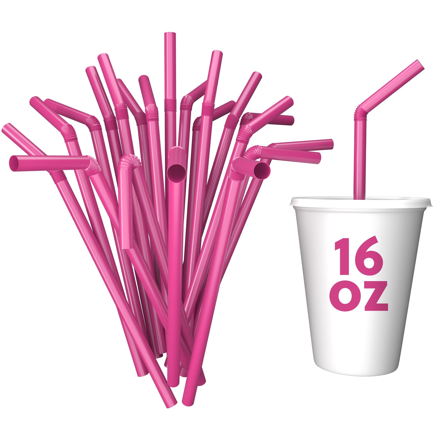 Pink unwrapped plastic flexible straws next to a 16 oz white cup with a pink flexible straw inserted