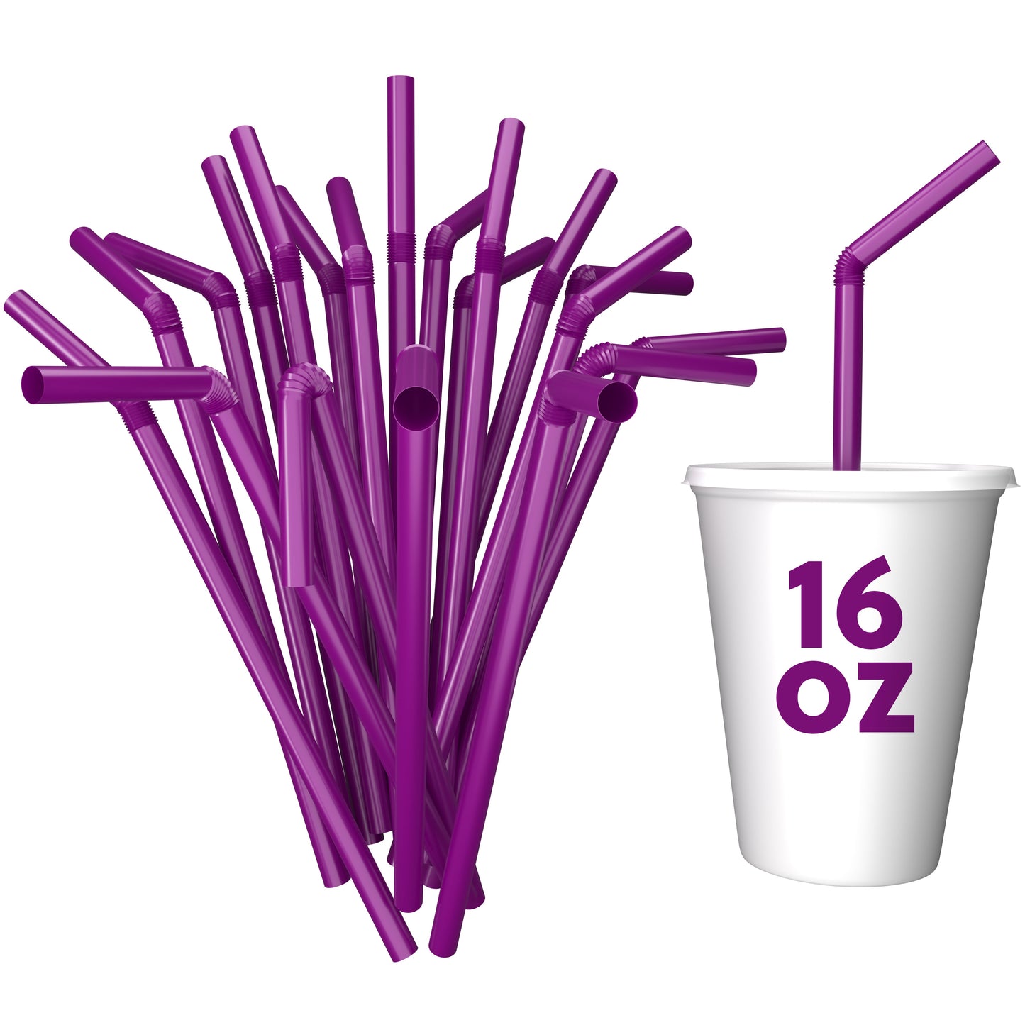 Purple unwrapped plastic flexible straws with 16 oz white cup