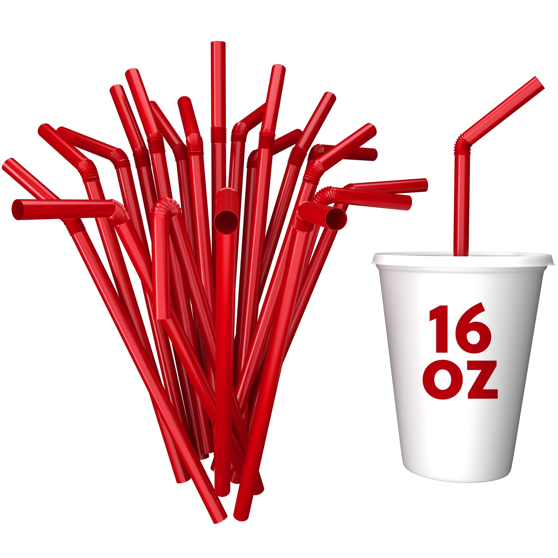 Red unwrapped plastic flexible straws with a 16 oz cup, bendable and durable for beverage use