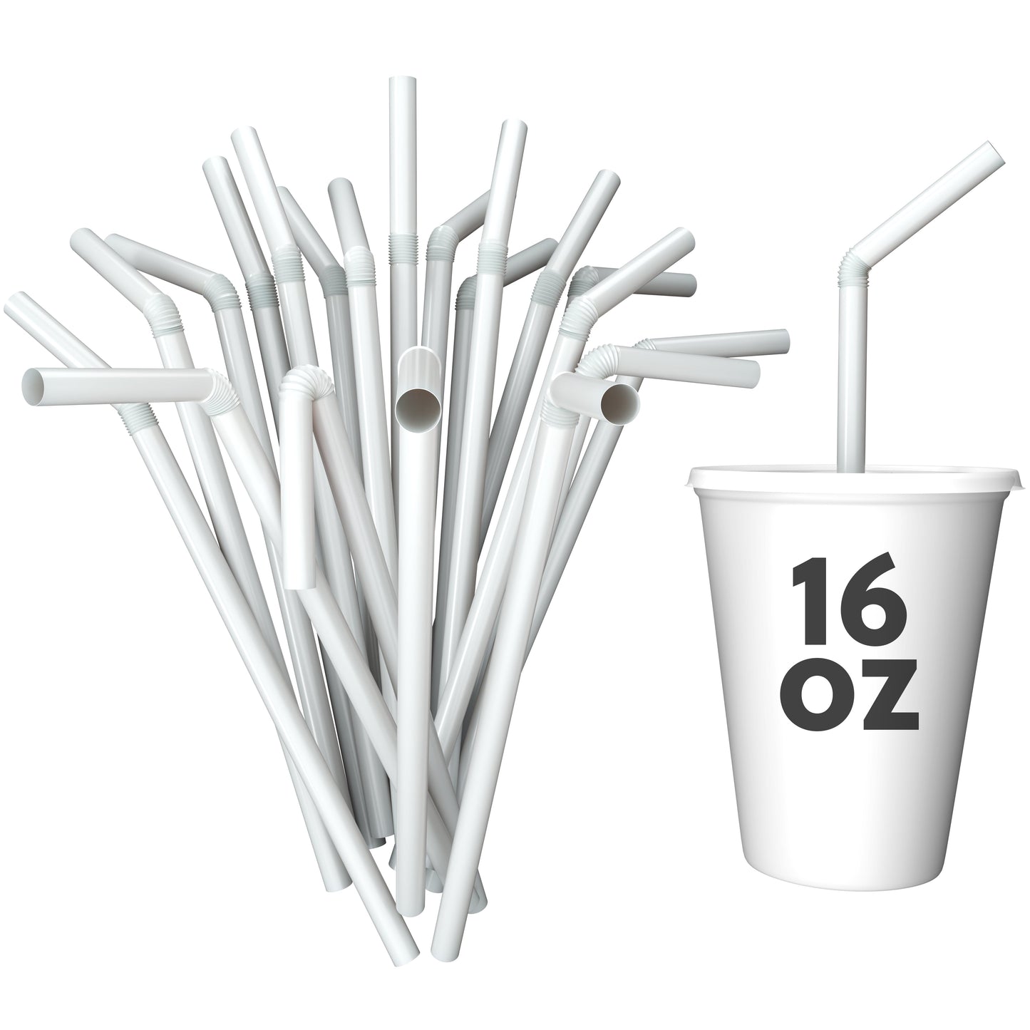 Unwrapped white plastic flexible straws with bendable necks beside a 16 oz cup