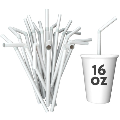 Unwrapped white plastic flexible straws with bendable necks beside a 16 oz cup