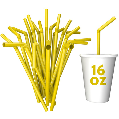 Yellow unwrapped plastic flexible straws with bendable neck next to white 16 oz cup