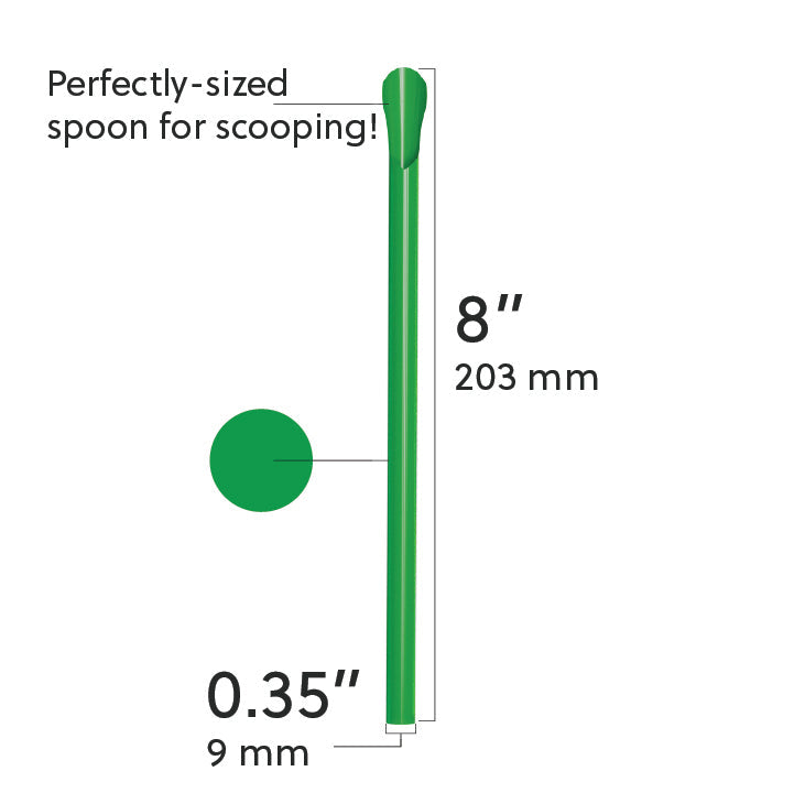 Green film wrapped wide diameter spoon straw 8 inch with 0.35 inch diameter for scooping and sipping thick beverages