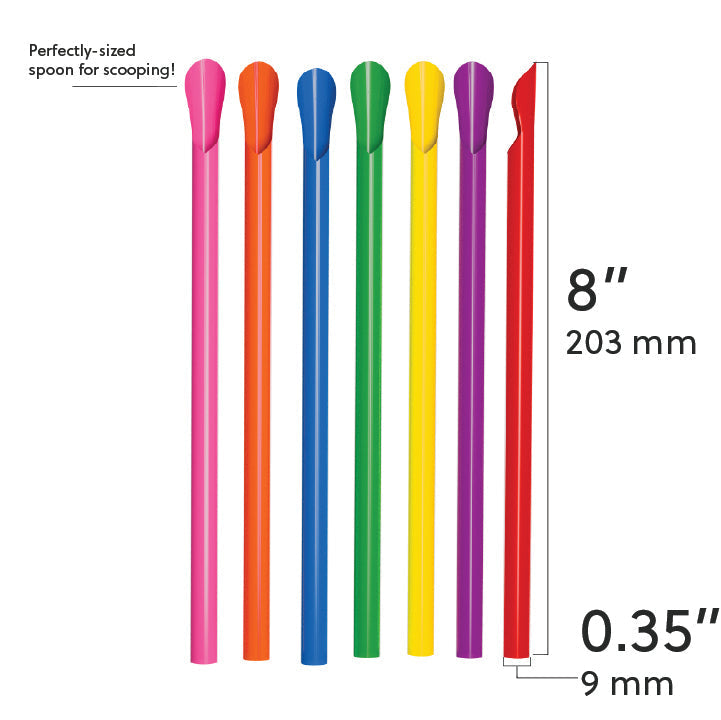 Colorful film wrapped wide diameter spoon straws measuring 8 inches long and 0.35 inches wide with a spoon tip for thick drinks and scooping
