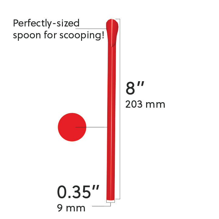 Red 8-inch Unwrapped Classic Spoon Straw with smooth spoon tip for scooping and sipping thick beverages