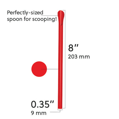 Red 8-inch Unwrapped Classic Spoon Straw with smooth spoon tip for scooping and sipping thick beverages