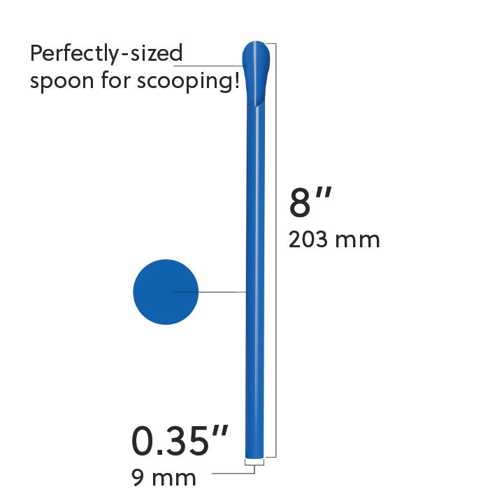 Blue film wrapped wide diameter spoon straw 8 inch length 0.35 inch width with scoop spoon tip