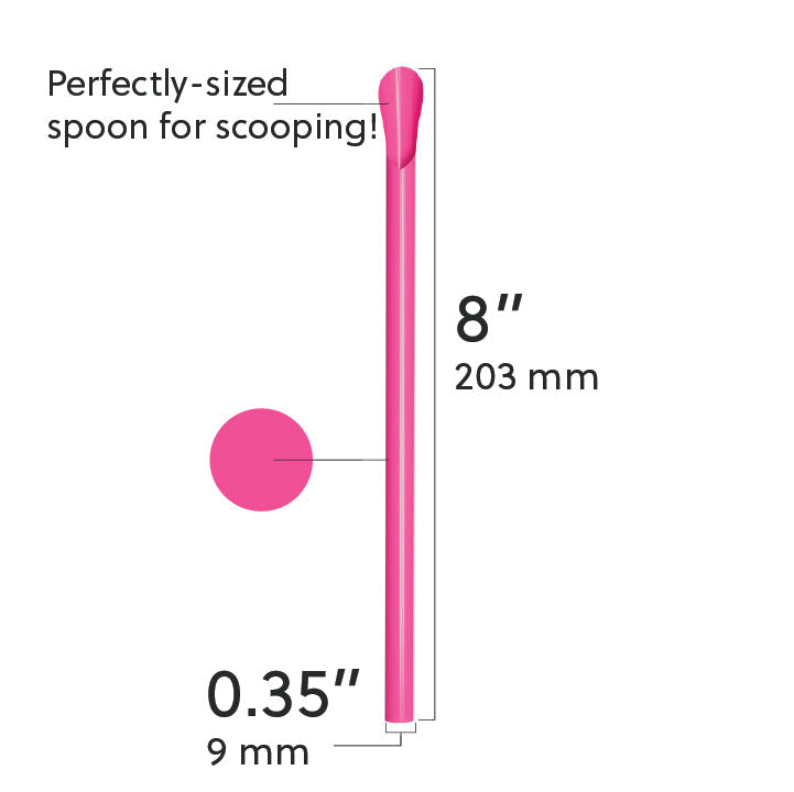 Unwrapped Classic Spoon Straw pink 8-inch durable plastic with smooth spoon tip for scooping and sipping thick beverages