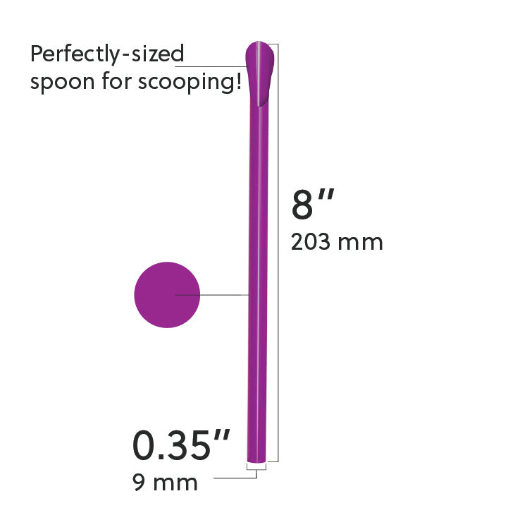 Purple unwrapped classic spoon straw 8 inches long with scoop tip for thick beverages